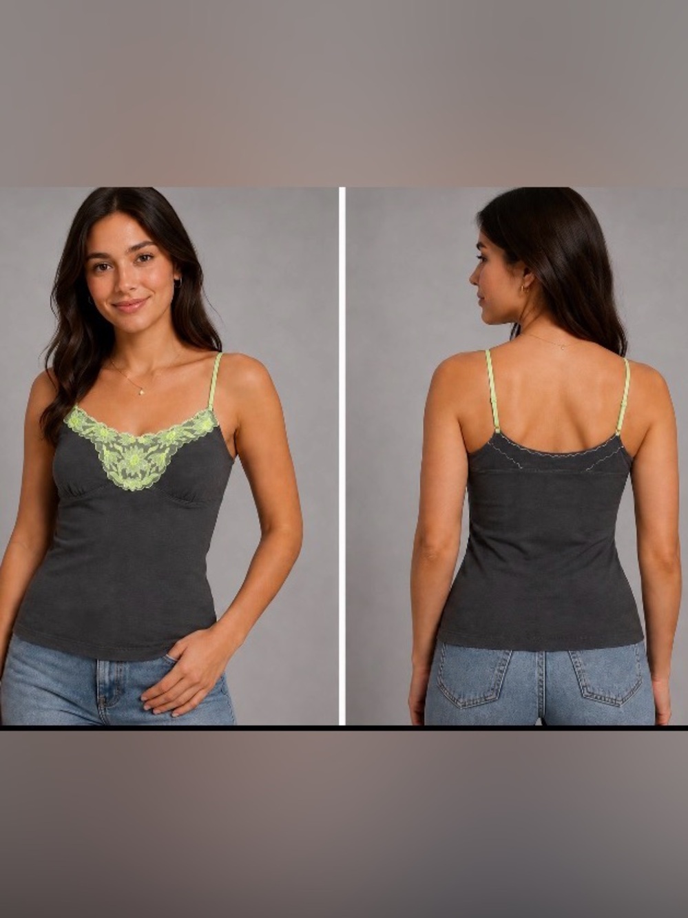 American Eagle Outfitters Charcoal Grey Cami with Neon Green Lace Accents Size M